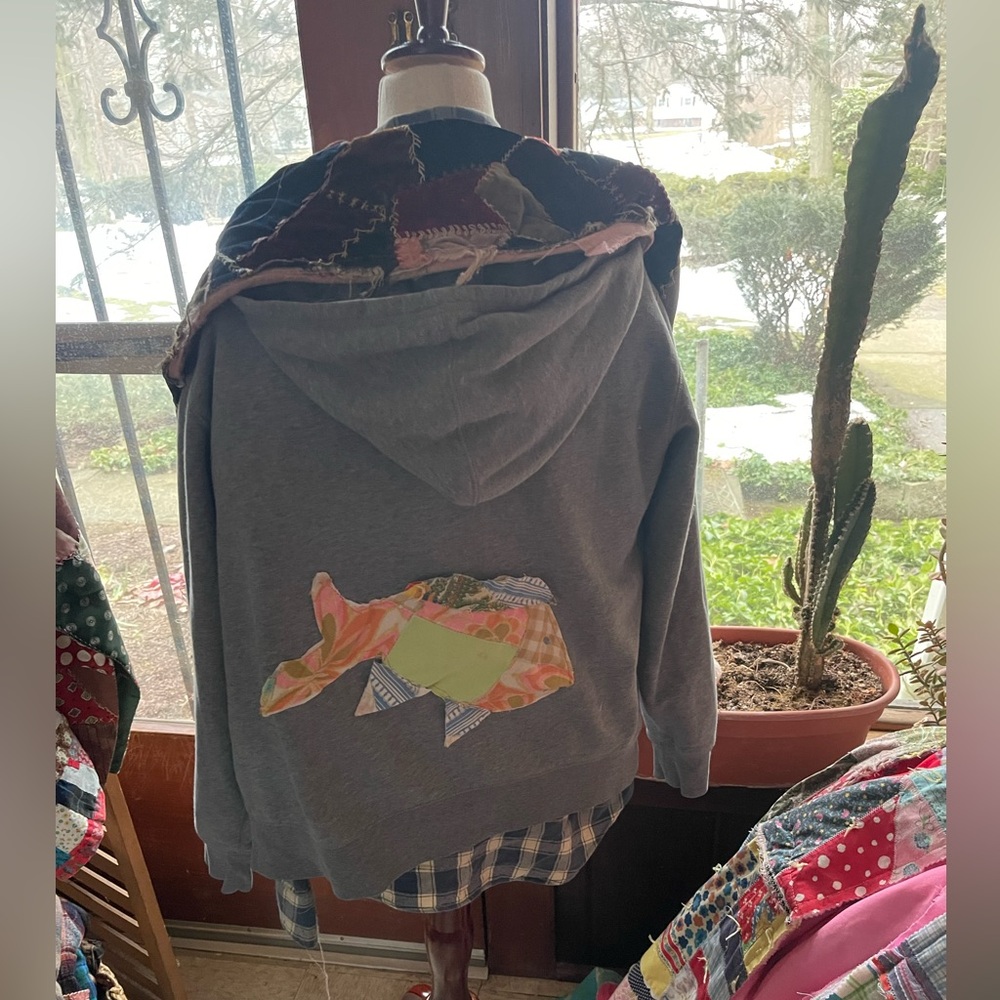 Gray Hoodie With Fish Patchwork Design - image 1
